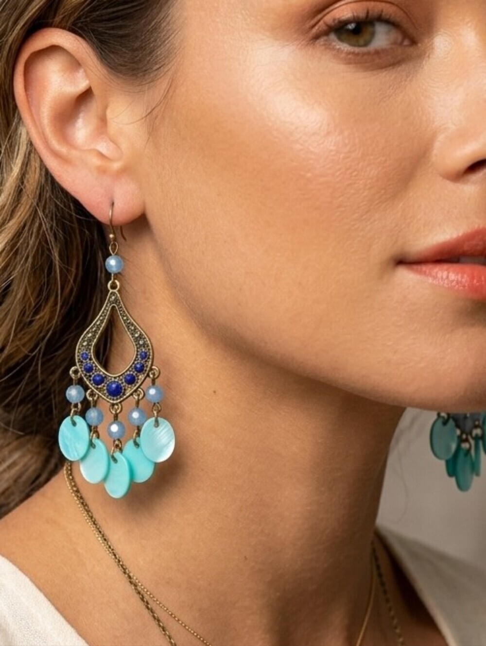 Source Unknown Boho Turquoise Chandelier Dangle Earrings Bronze Teardrop